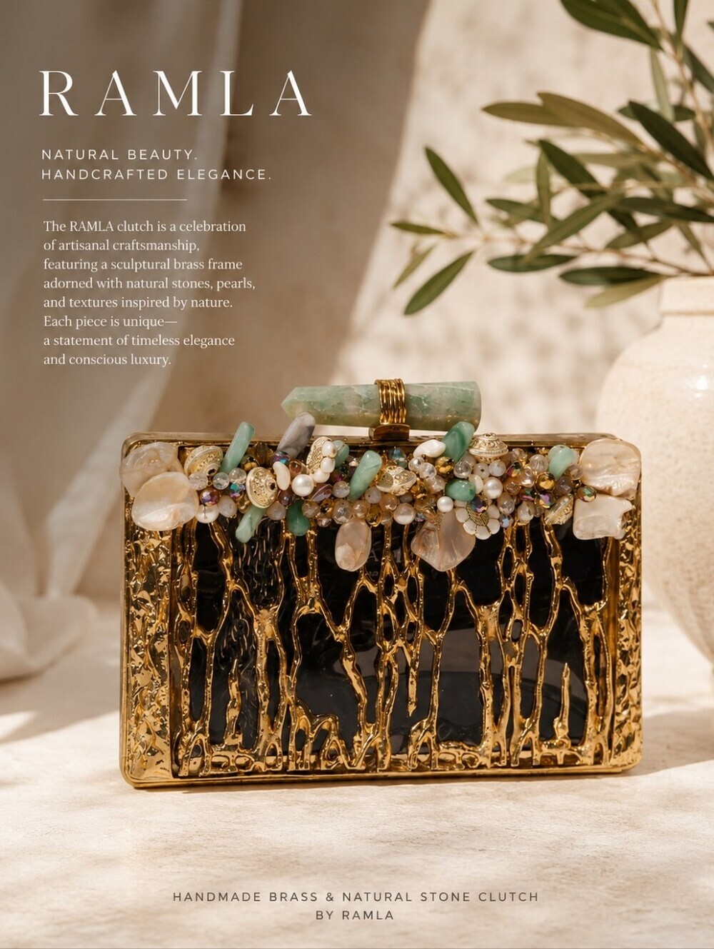 NWT RAMLA Zeina Handmade Brass and Natural Stone Clutch